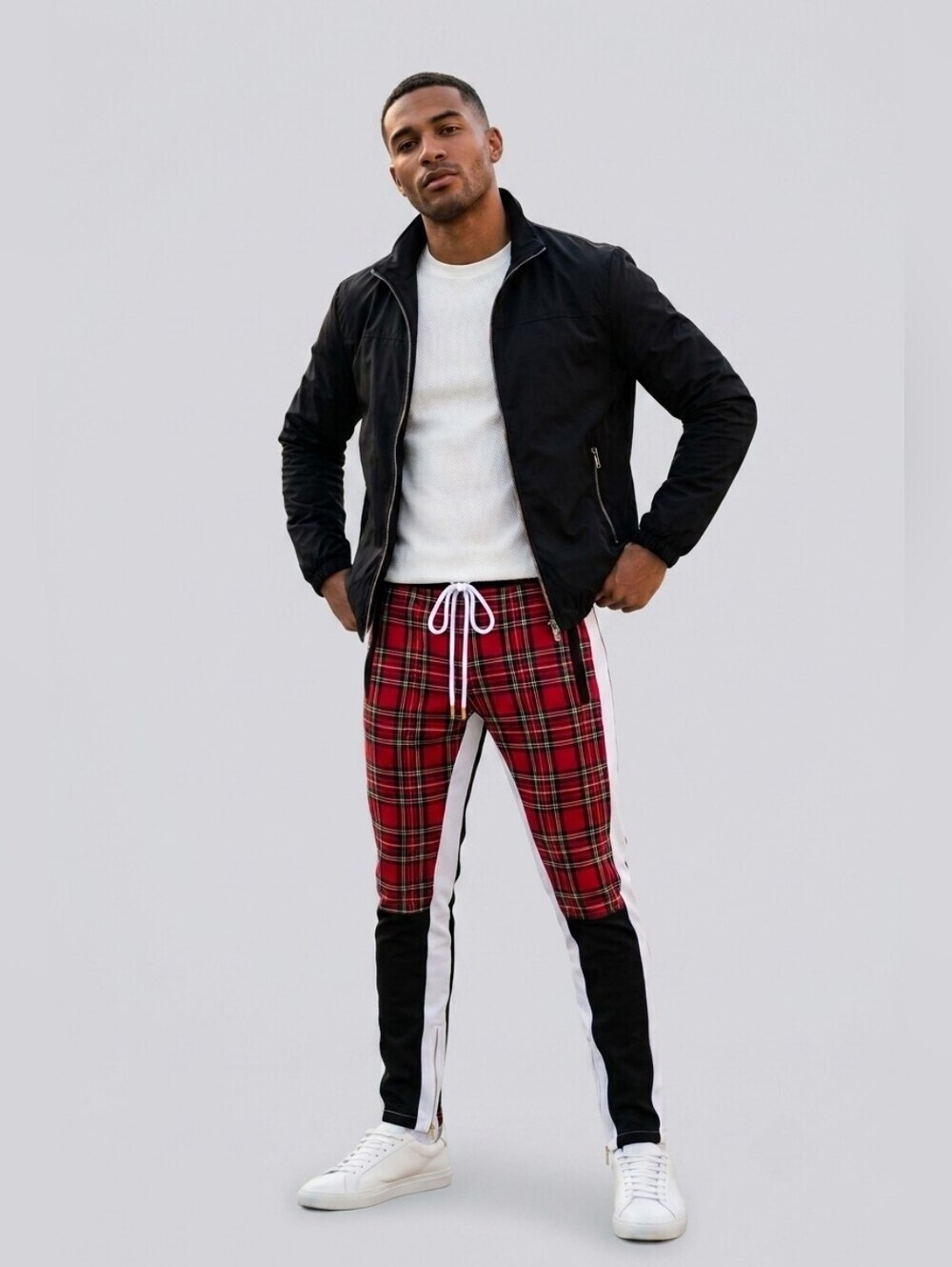 MSTKN Red Plaid Colorblock Track Pants Ankle Zip S Streetwear Athleisure Joggers